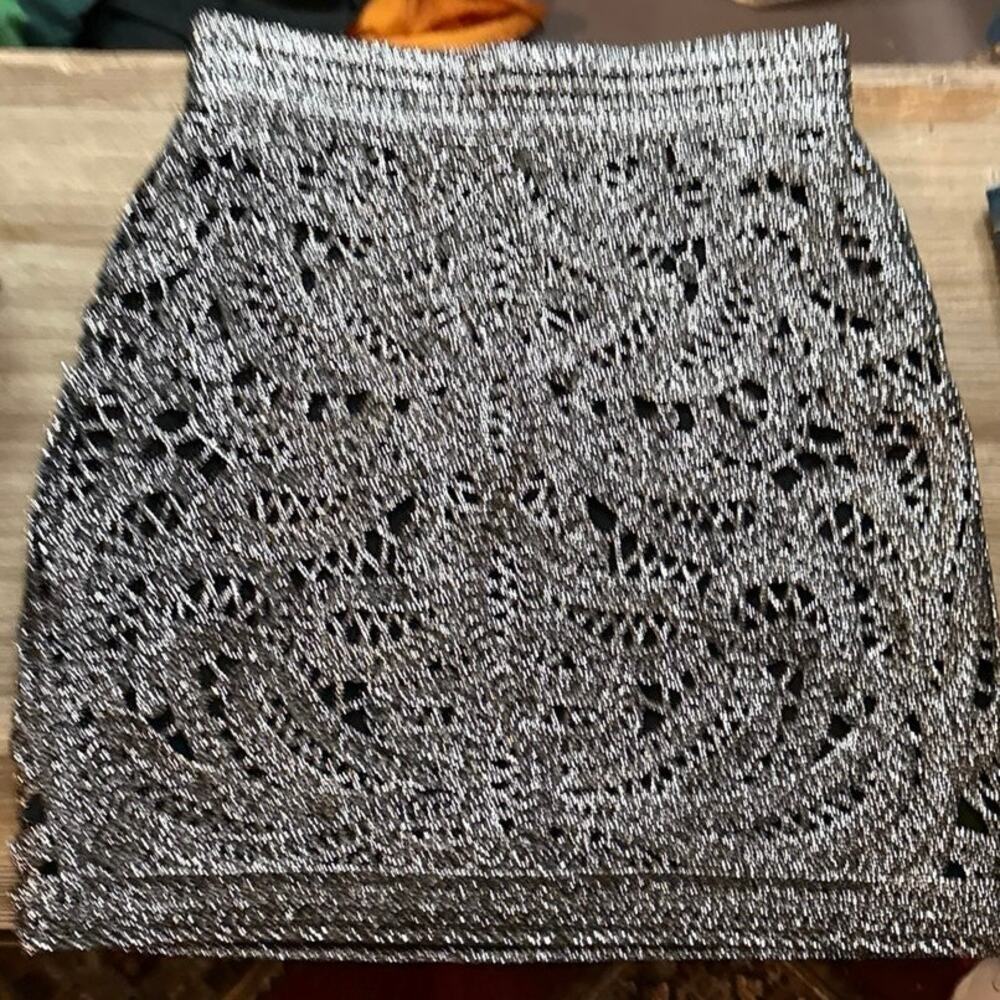 Maje metallic SilverCrochet Mini Skirt 36 Mini Back Zip Party Statement
